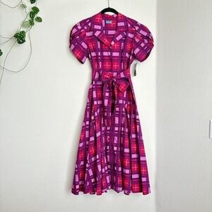 NWT LHD Glades Purple Pink Collared Maxi Midi Shirt Dress Sz 6 Retro Graphic